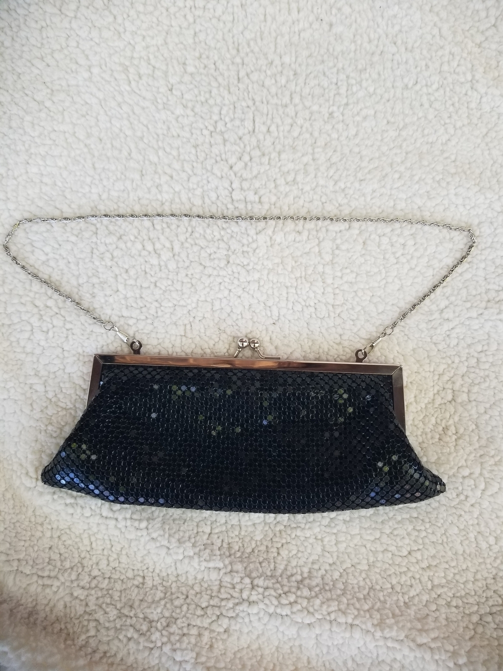 Vintage Sequined Black Clutch with Chain Strap